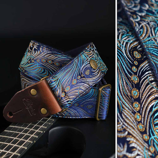 Premium Gitarrengurt blau - Peacock Royal 50 mm (dunkelbraun-messing)