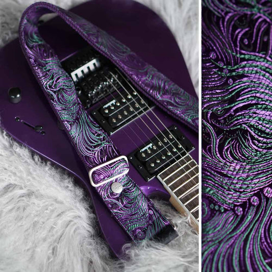 Premium Gitarrengurt lila - Peacock Mystique 50 mm (schwarz-silber)