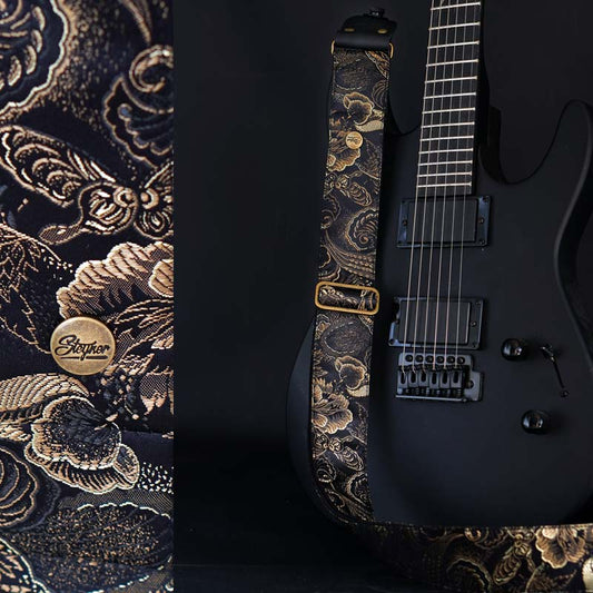 Premium Gitarrengurt schwarz - Eastern Majesty 50 mm (schwarz-messing)