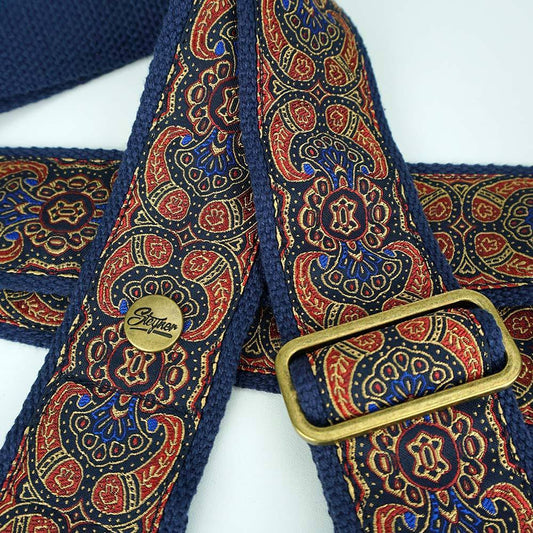 Retro Gitarrengurt (blau-rot) - Abendlicht 50 mm (dunkelbraun-messing)