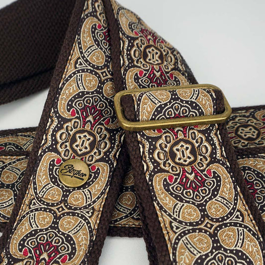 Retro Gitarrengurt (braun-weinrot) - Wüstenlicht 50 mm (dunkelbraun-messing)