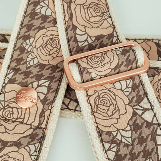 Gitarrengurt Rosenmuster beige - Zimtrose 50 mm (dunkelbraun-rosegold)