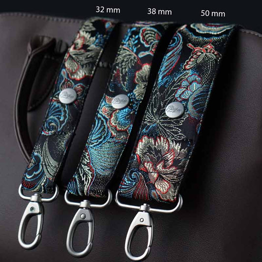 Taschengurte oder Schulterriemen schwarz mit Muster in bunt 32 mm, 38 mm oder 50 mm breit