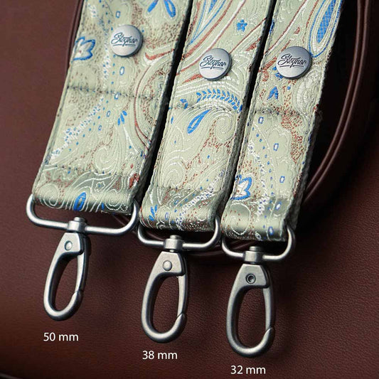 Taschengurt in verschiedenen Breiten mit Paisley Muster und Schimmer Effekt und brauner Tasche