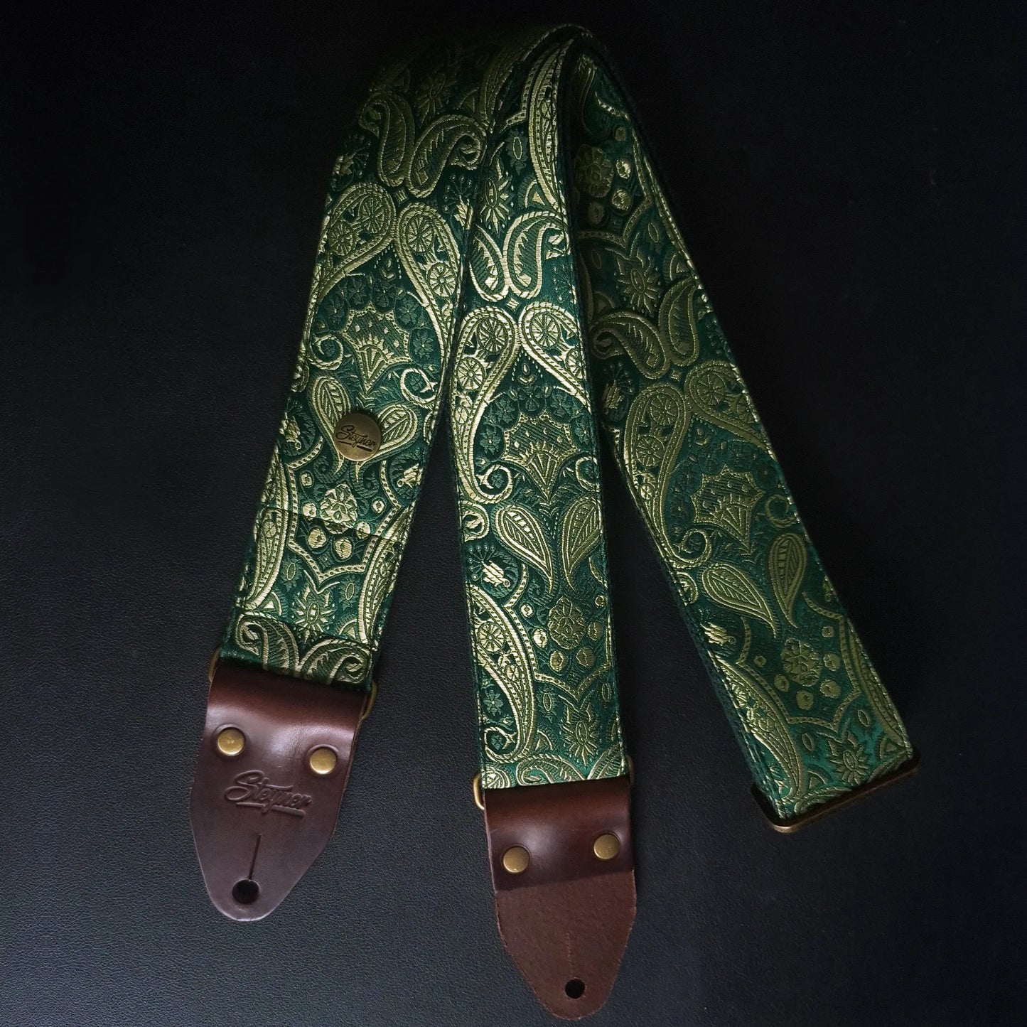 Premium Gitarrengurt - Royal Emerald Gold 50 mm (dunkelbraun-messing)