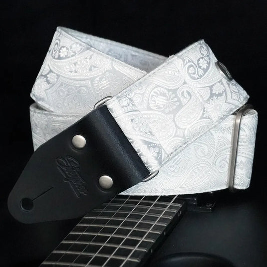 weißer Brokat Gitarrengurt mit Paisley Muster handgefertigt in Premium Qualität