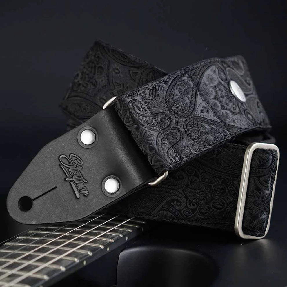 Sangles de guitare vintage noires avec motifs (articles de deuxième choix)