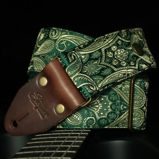 Premium Gitarrengurt - Royal Emerald Gold 50 mm (dunkelbraun-messing)