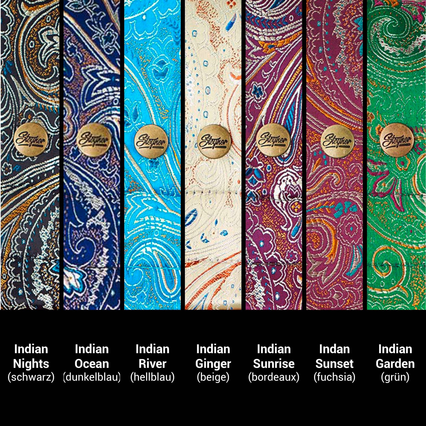 Bassgurt Designs mit Paisley Muster in verschiedenen Farben