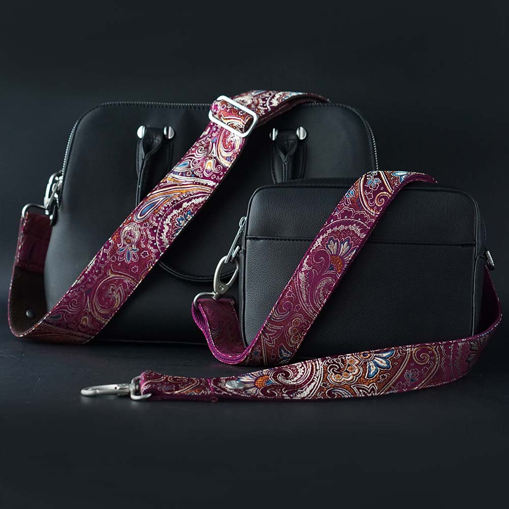 Schwarze Leder Taschen mit pinkem Crossbody Schulterriemen - Taschengurt in breit und schmal mit Paisley Muster