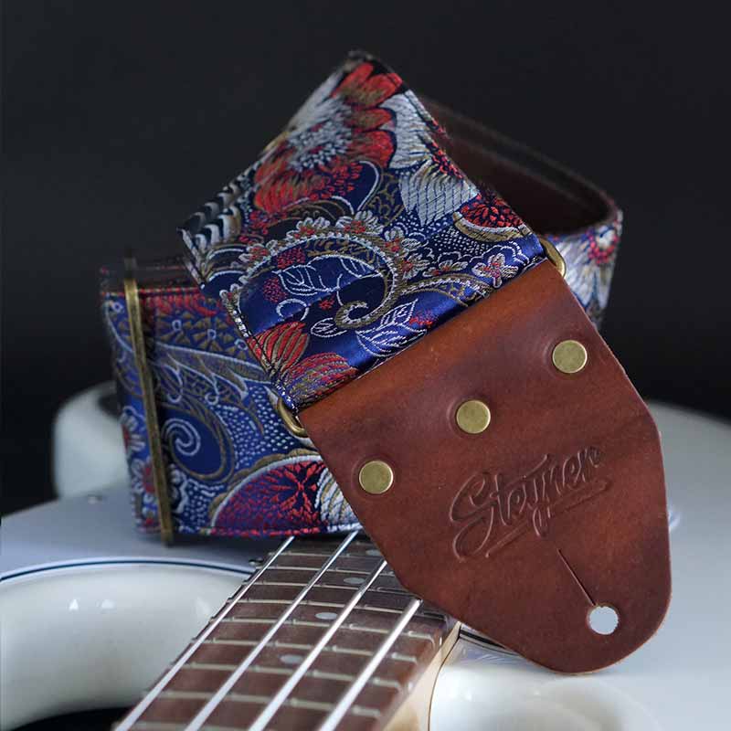 Bester Bassgurt Gitarrengurt breit in 8 cm mit Blumen Muster in dunkel blau