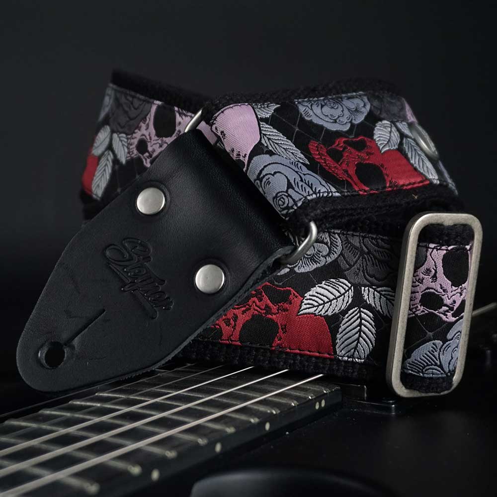 black guitar strap with skull pattern made in germany