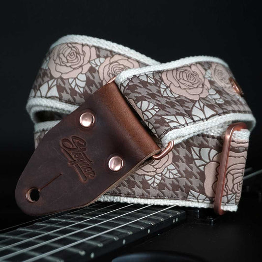 Retro guitar strap beige - Cinnamon Rose (dark brown-rose gold)