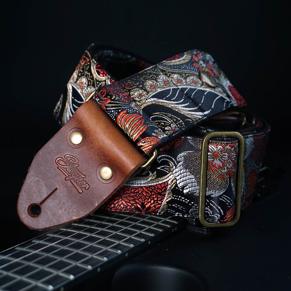 Vintage Guitar Strap Black - Tropical Nights (brass-redbrown)