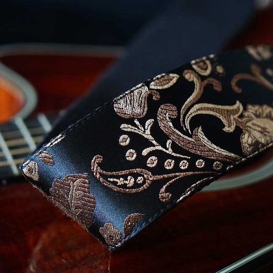 Guitar strap black - Luxury Rose Black 55 mm (red-brown-brass)