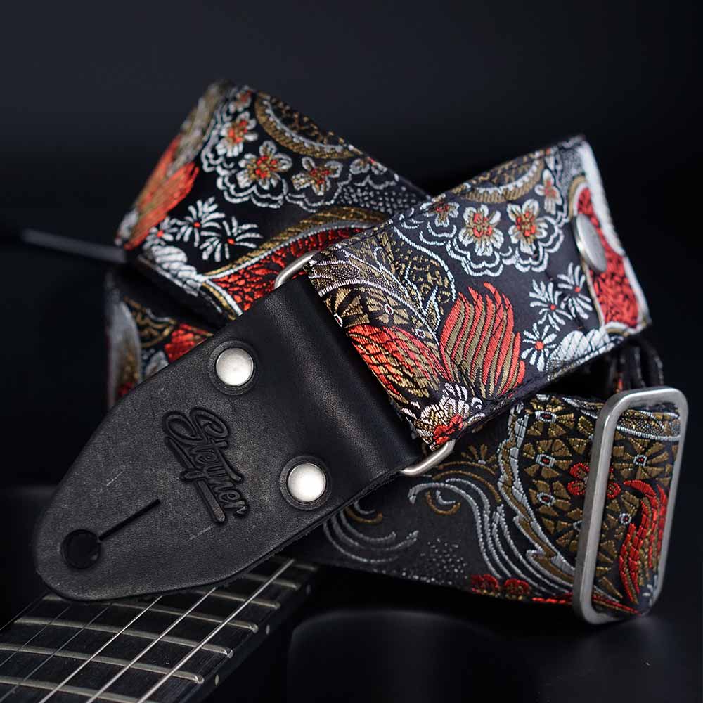 Sangle de guitare vintage noire - Tropical Nights (argent-noir)