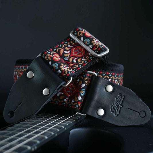 Padded Guitar Strap Black - Hippie Love (silver-black)