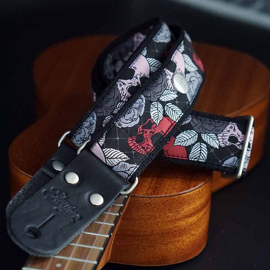 Retro Ukulelengurt - Red Rocking Skull - 38 mm (schwarz-rot)