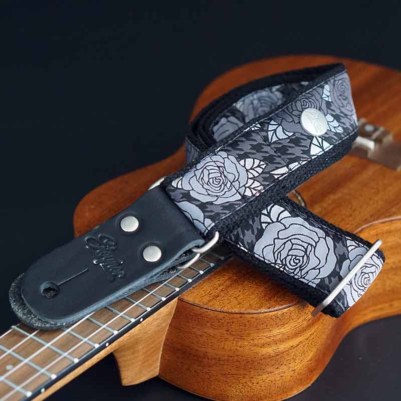 Retro Ukulele Strap - Wild Rose - 38 mm (black-silver)