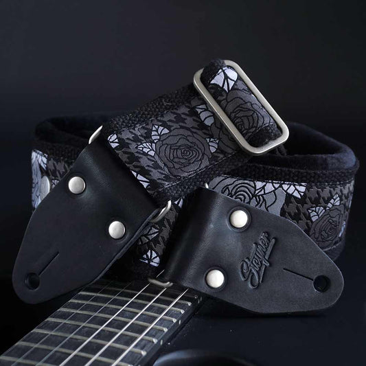 Padded Guitar Strap Black - Wildrose (Silver-Black)