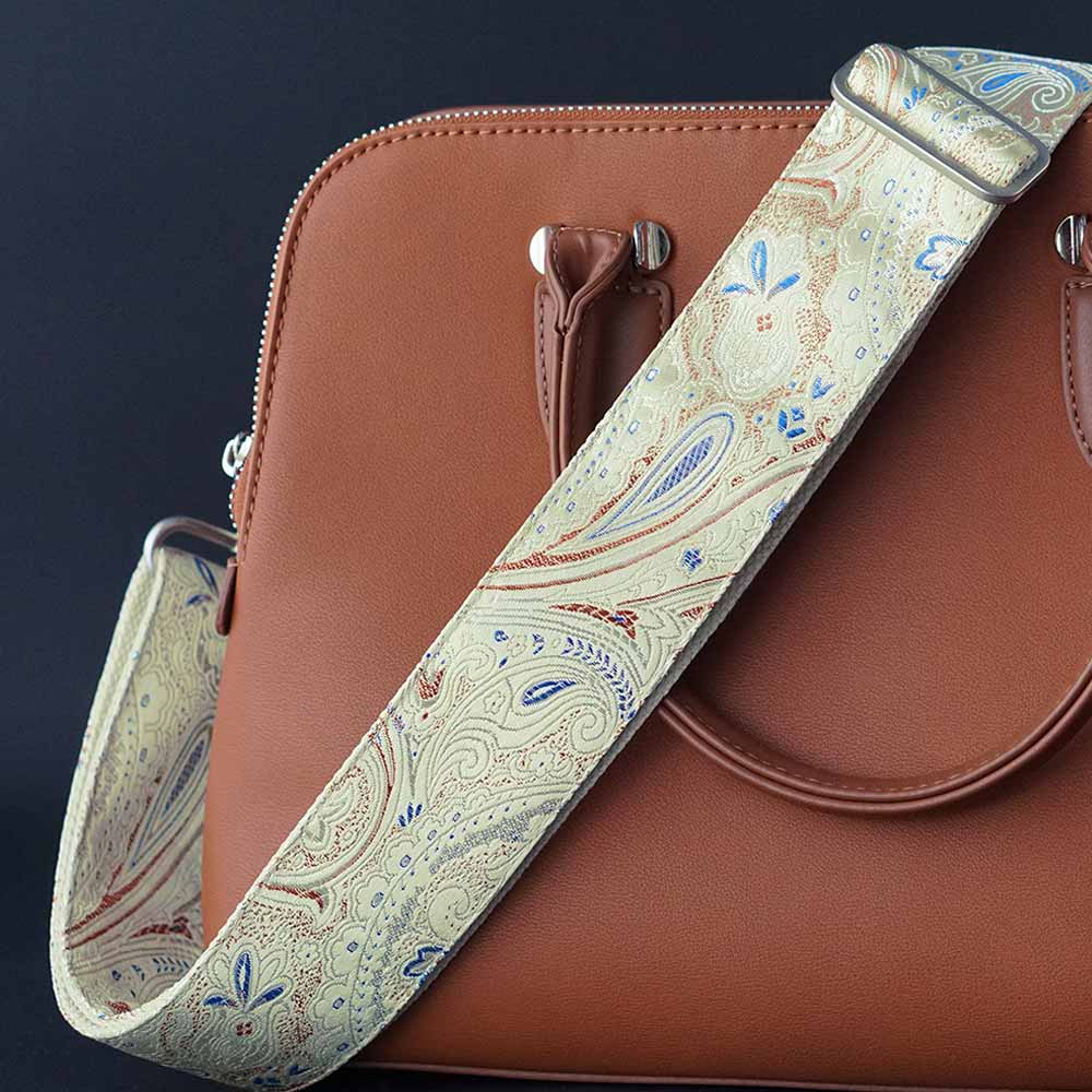 Edler Luxus Designer Taschengurt breit mit Paisley Muster und Schimmer Effekt und brauner Tasche