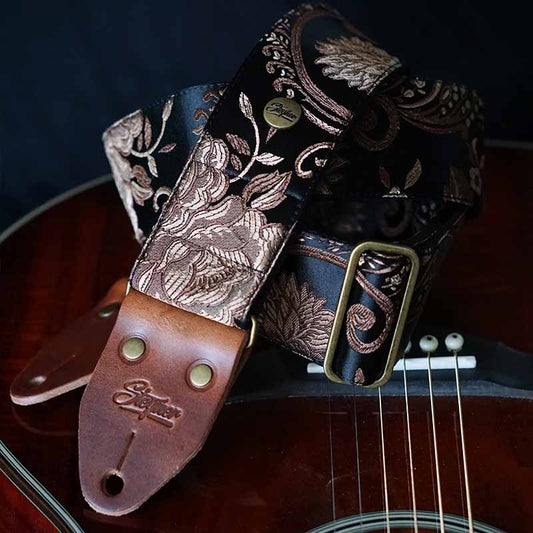 Guitar strap black - Luxury Rose Black 55 mm (red-brown-brass)